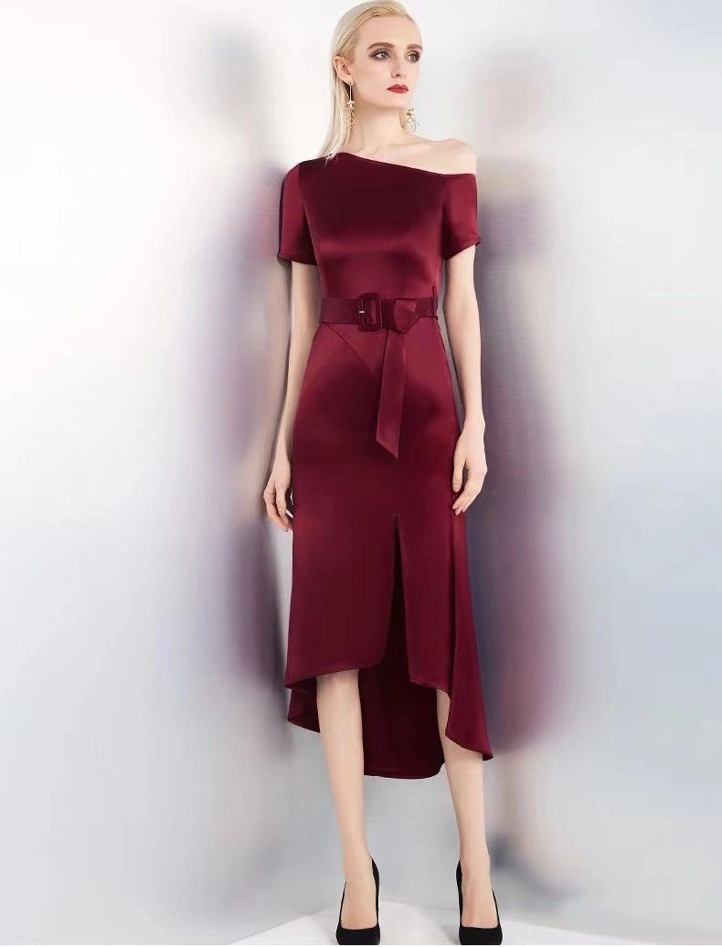 High Quality Satin Sexy Woman Luxure Wine One- Shoulder Irregular Fashion Ladies Dress with Belt