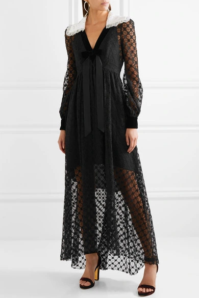 2017 High Quality Velvet-Trimmed Sexy Women Black Lace Maxi Dress