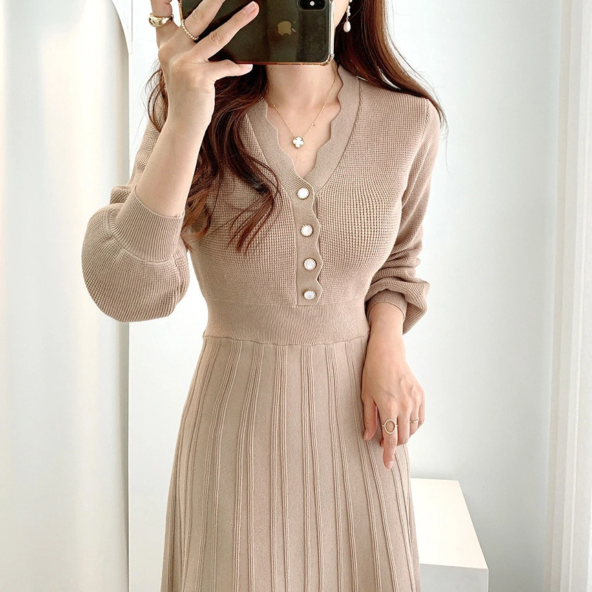 2022 Autumn Women Puff Long Sleeve Knit Dress V-Neck French Sweater Casual A-Line MIDI Long Dress