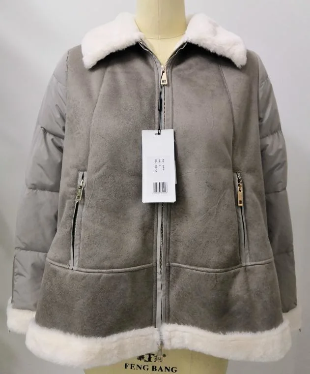 Ladies Loose Fashion Puffer Jacker with Sheepskins Combined Design Outerwear Winter Coat