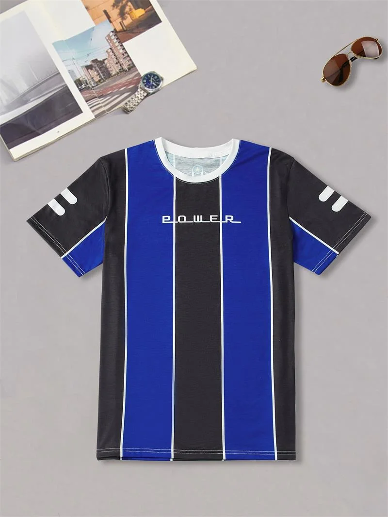 Men Round Neck Striped Tee with Letter & Graphic Print