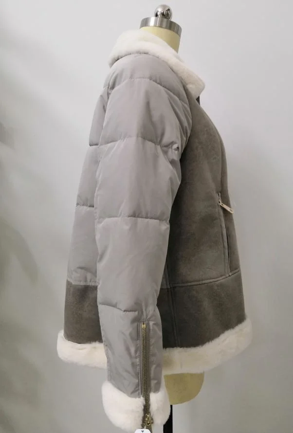 Ladies Loose Fashion Puffer Jacker with Sheepskins Combined Design Outerwear Winter Coat