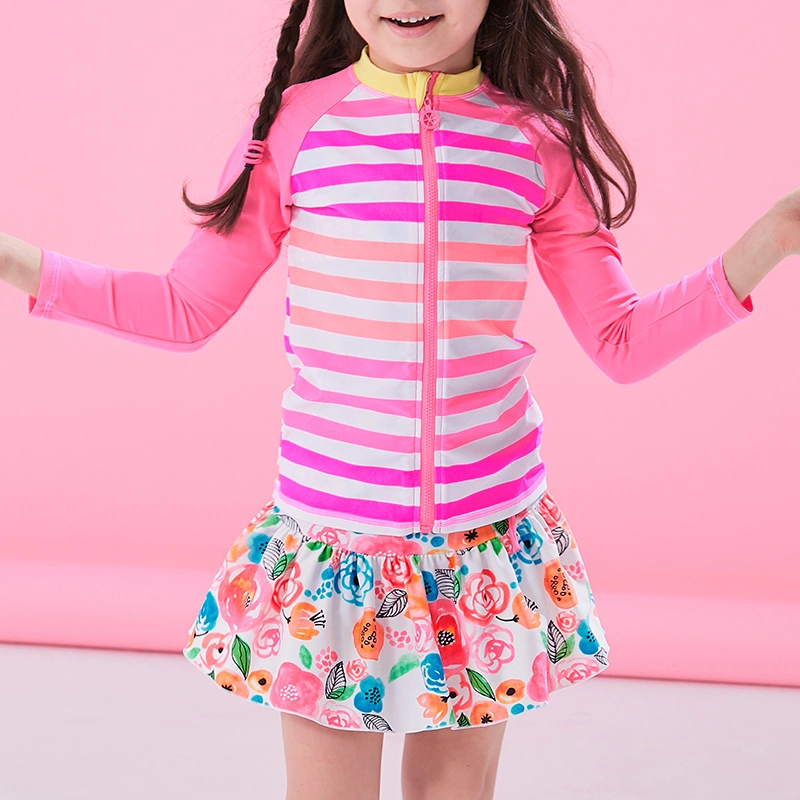 2021 Fashionable Girls Striped Print T-Shirt Contrast Flower Prints Simwear Dress Simwear