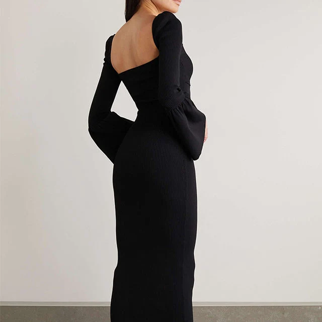 Knitwear Mufacturers Black Cutout Fashion Party Ribbed-Knit MIDI Sweater Dress Women Clothing