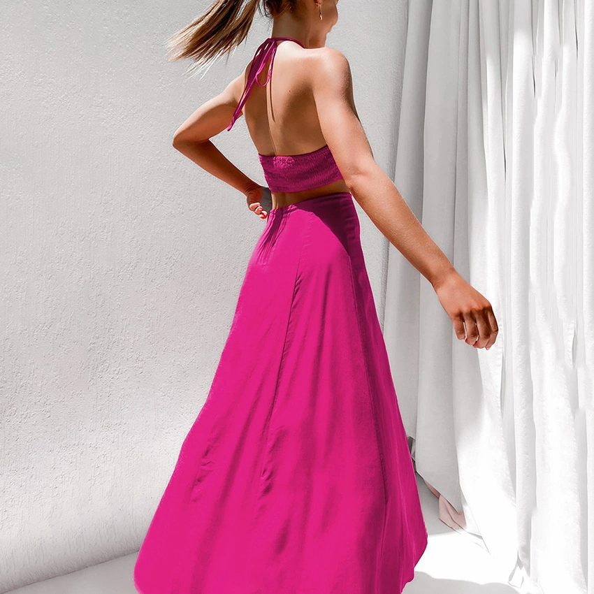 Spring 2023 Sexy Halter Backless Long Dresses 100% Cotton Hollow Cut out A Line Maxi Dress Women