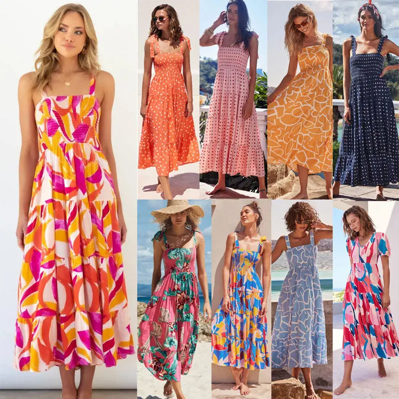 2022 Summer Long Backless Beach Bohemian Dresses Ladies Straps Square Neck Floral Maxi Casual Boho Maxi Dress with Logo Print