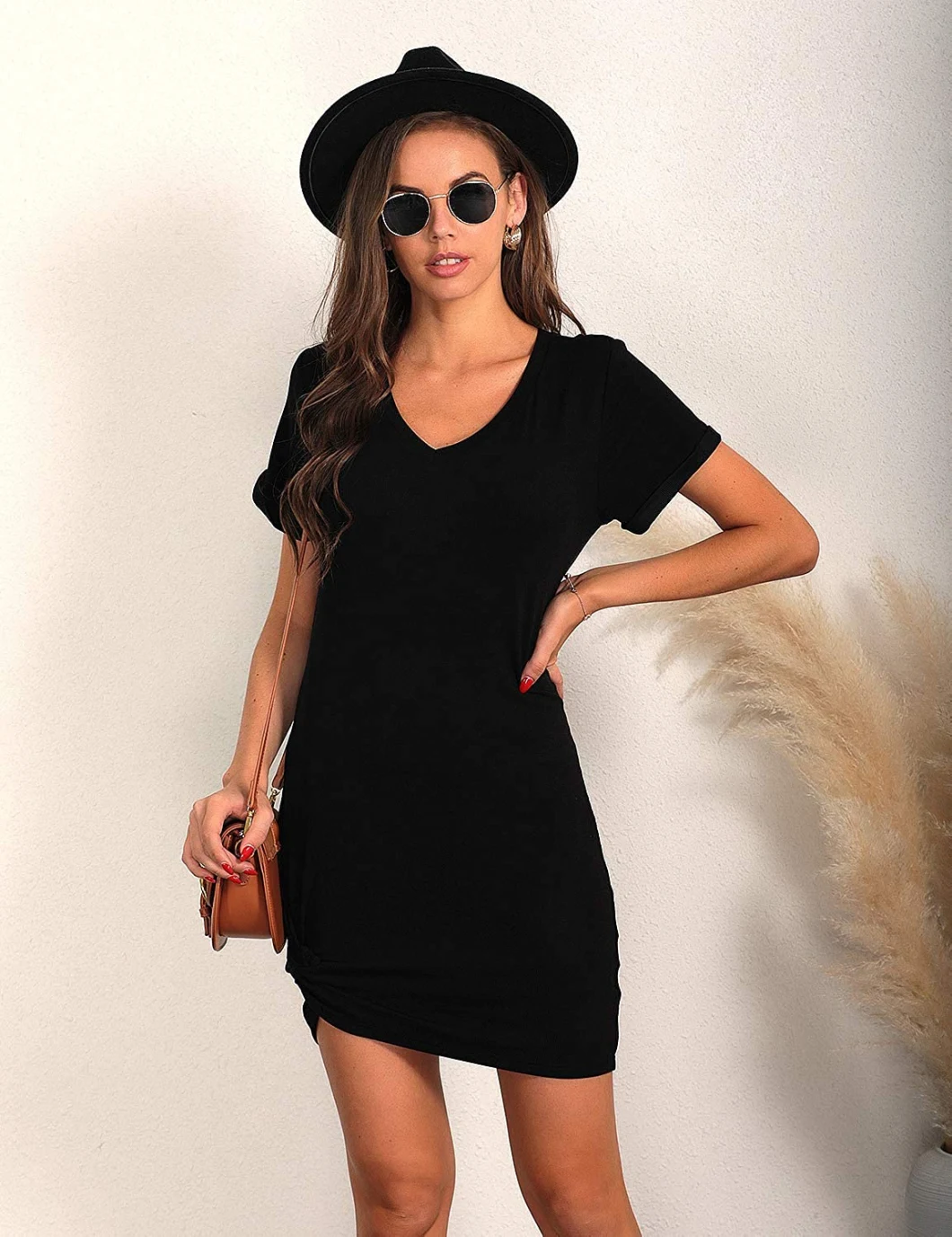 Premium Women′s Casual Dresses T Shirt Dress Cute Mini Tie Knot Fitted Summer Twist V Neck Short Sleeve Dress