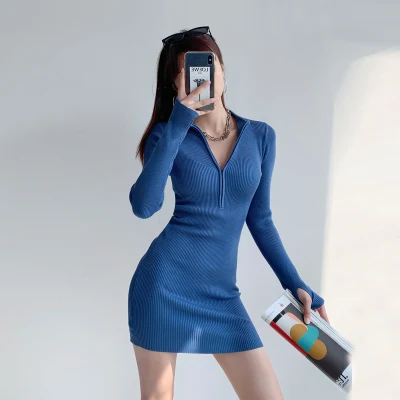 2022 지퍼 여밈 Bodycon 미니 크루넥 스웨터 드레스